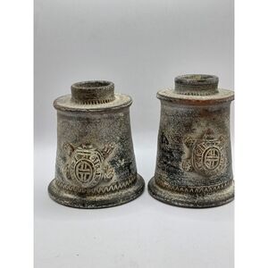 Distressed Terracotta Carved Etched Turtle Pottery Candle Holders